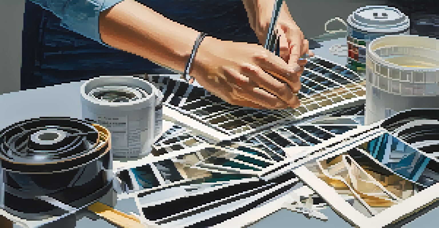 Close-up of hands cutting film strips on a light table with editing tools around.