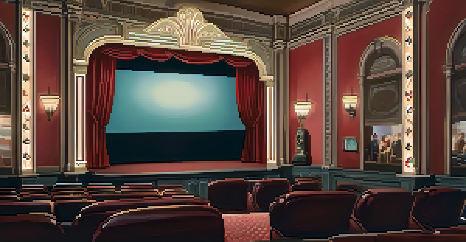 An audience enjoying a classic film in a restored vintage movie theater, with elegant decor and retro fashion.