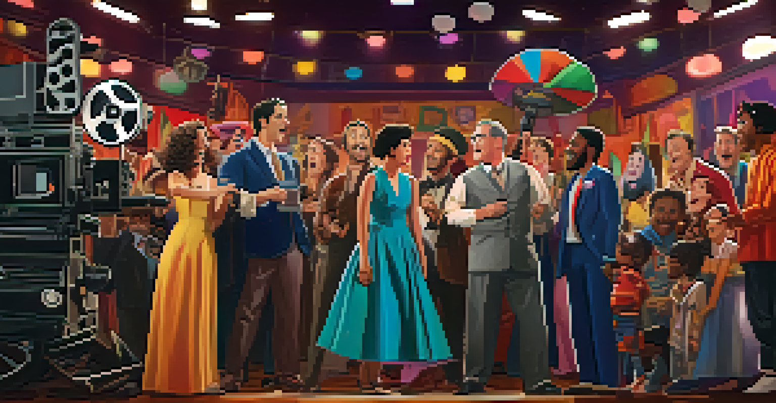 A whimsical film set with diverse characters humorously referencing iconic cultural moments, complete with bright studio lights and props.