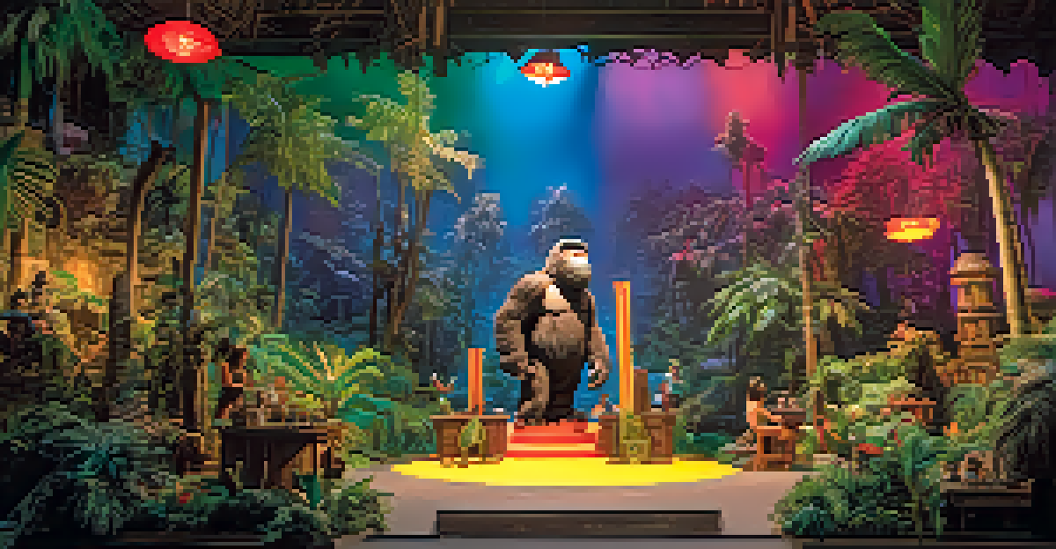 Behind-the-scenes of a 1930s film set with filmmakers animating a miniature King Kong in a jungle environment.