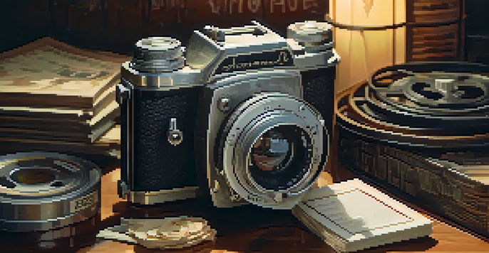 A vintage film camera on a wooden table with film reels and editing tools, illuminated by warm lighting.