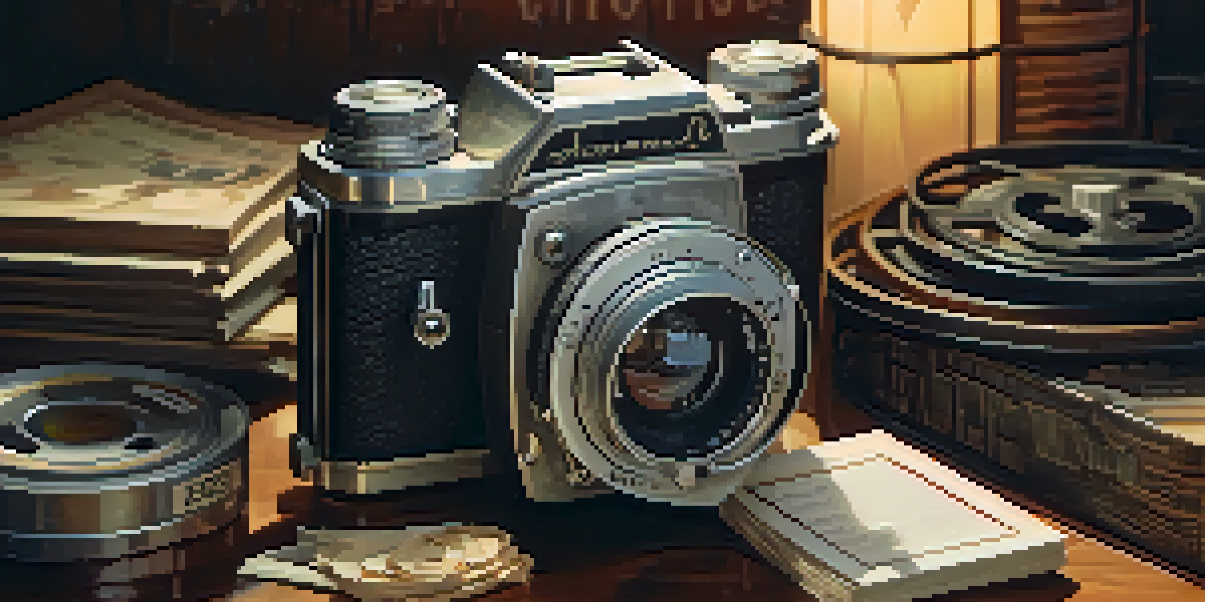 A vintage film camera on a wooden table with film reels and editing tools, illuminated by warm lighting.