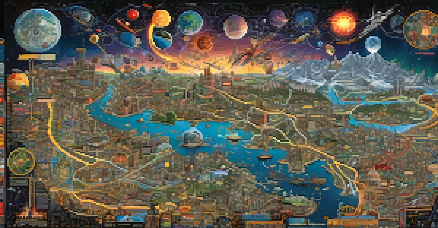 An artistic map showing interconnected storylines and characters from different genres in a cinematic universe, illustrated with vibrant colors against a starry background.
