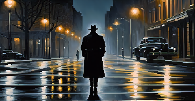 A shadowy figure in a trench coat under a flickering streetlight in a dark urban setting, with wet pavement reflecting light and looming buildings.