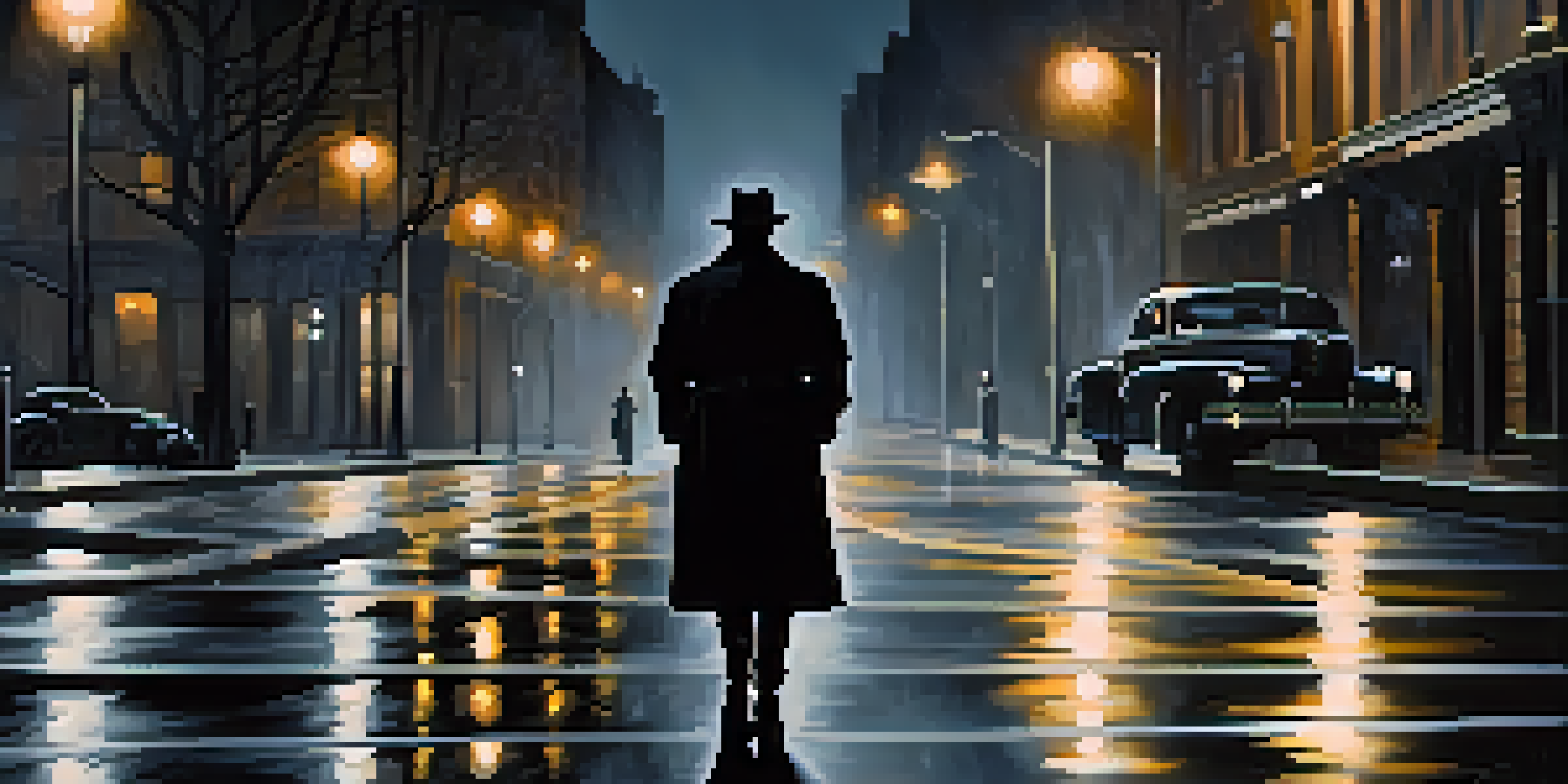 A shadowy figure in a trench coat under a flickering streetlight in a dark urban setting, with wet pavement reflecting light and looming buildings.