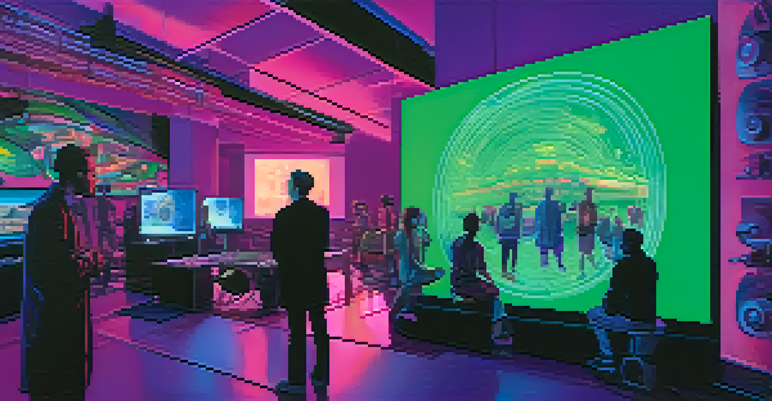A futuristic view of diverse filmmakers collaborating in a digital landscape with holographic film projections.