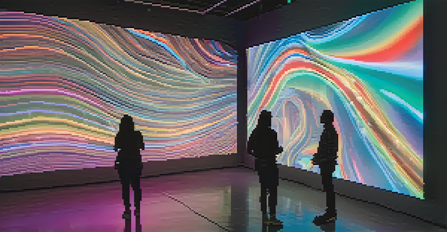 An immersive art installation featuring multimedia elements, colorful lights, and viewers interacting with the art.