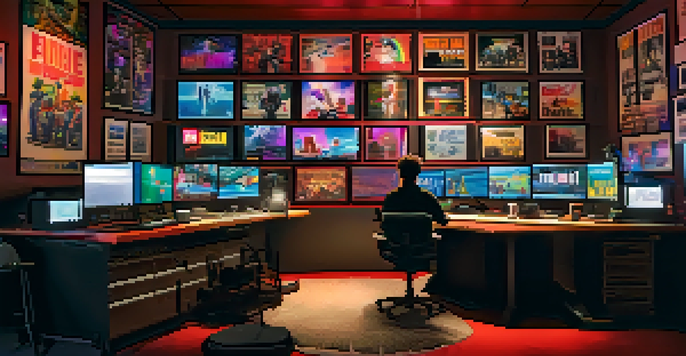 A film trailer editing room with an editor at work, surrounded by screens and movie posters.