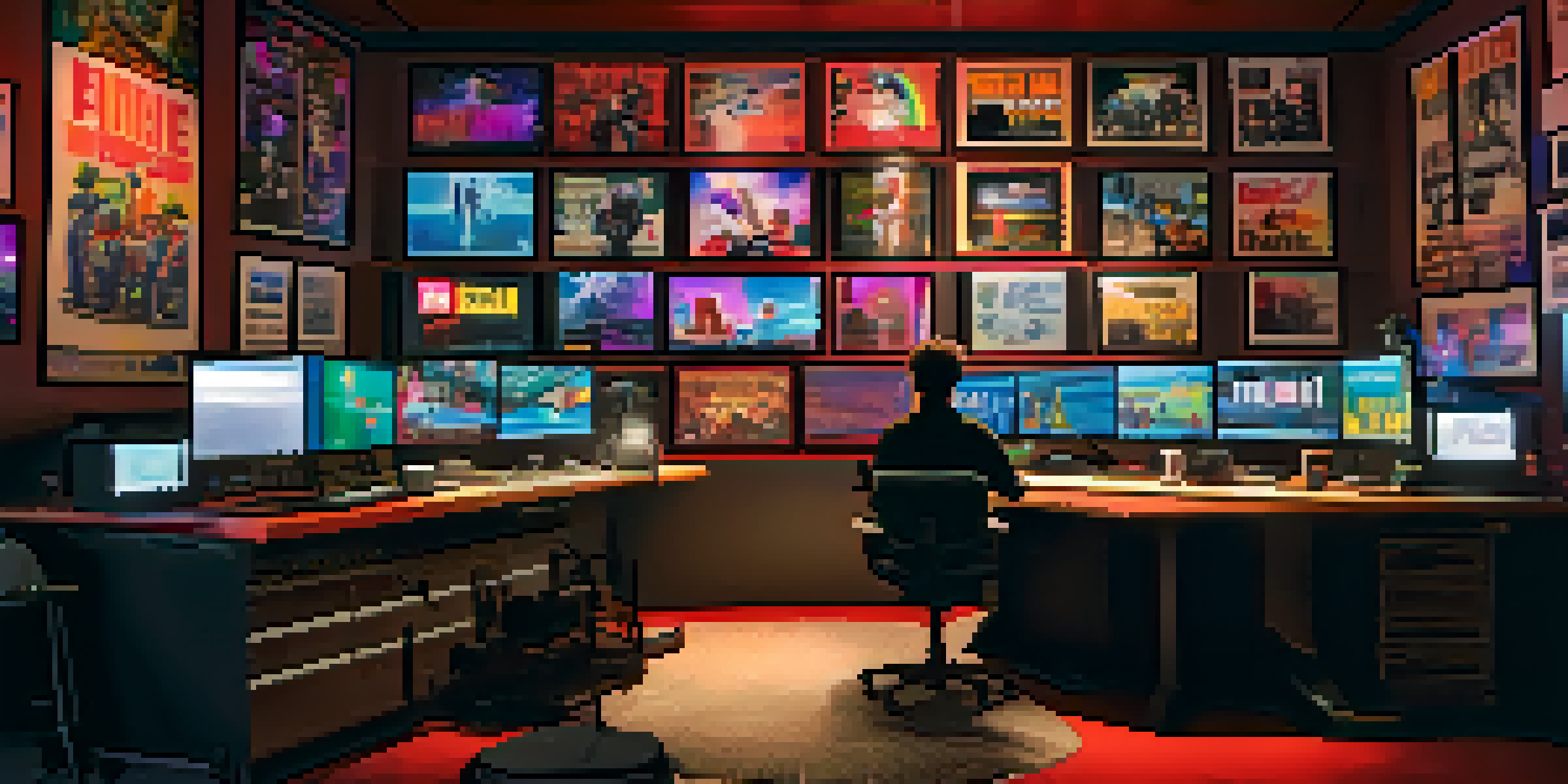 A film trailer editing room with an editor at work, surrounded by screens and movie posters.