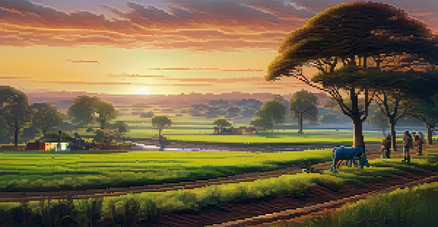 A community planting trees against a sunset backdrop, symbolizing hope in the face of climate change.