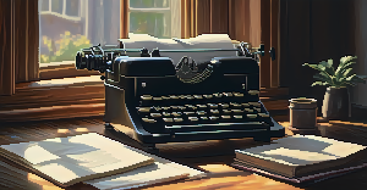 A vintage typewriter on a wooden desk with a blank sheet of paper.