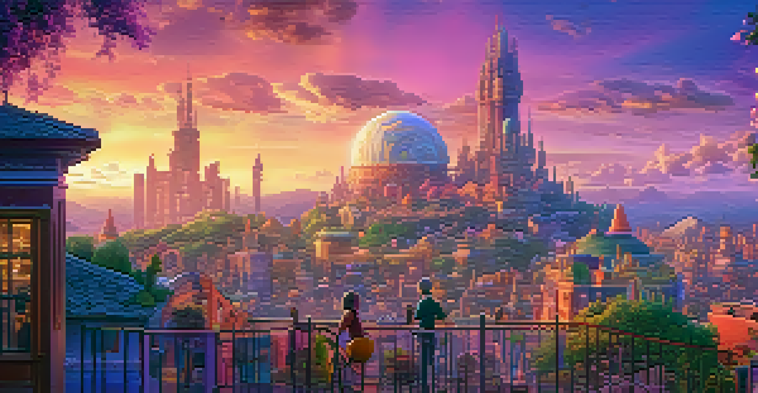 A fantastical cityscape combining live-action and animated characters, set against a colorful sunset sky.
