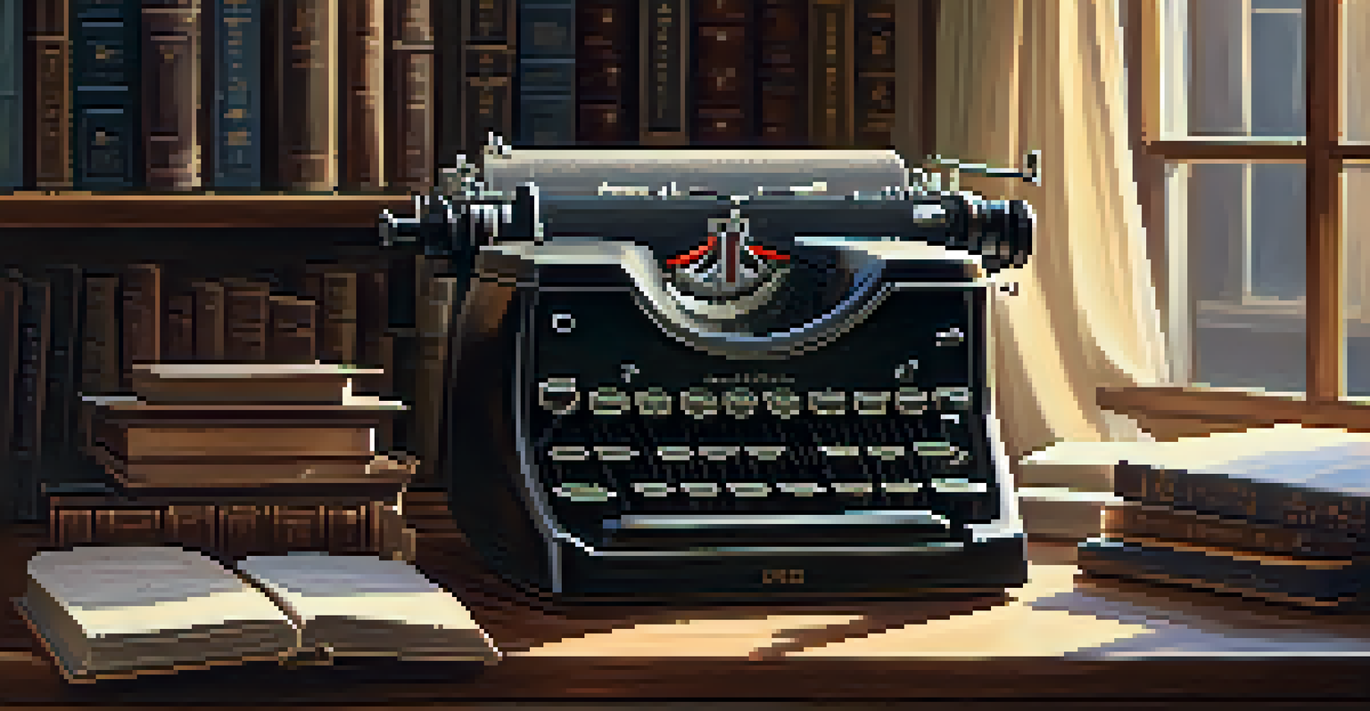 A vintage typewriter on a wooden desk with a sheet of paper, illuminated by warm light from a window.