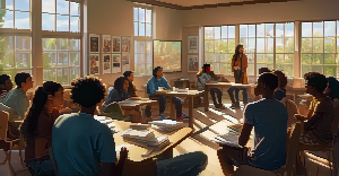 A diverse group of students in a classroom engaged in a lively discussion about films, with colorful posters on the walls and warm lighting.