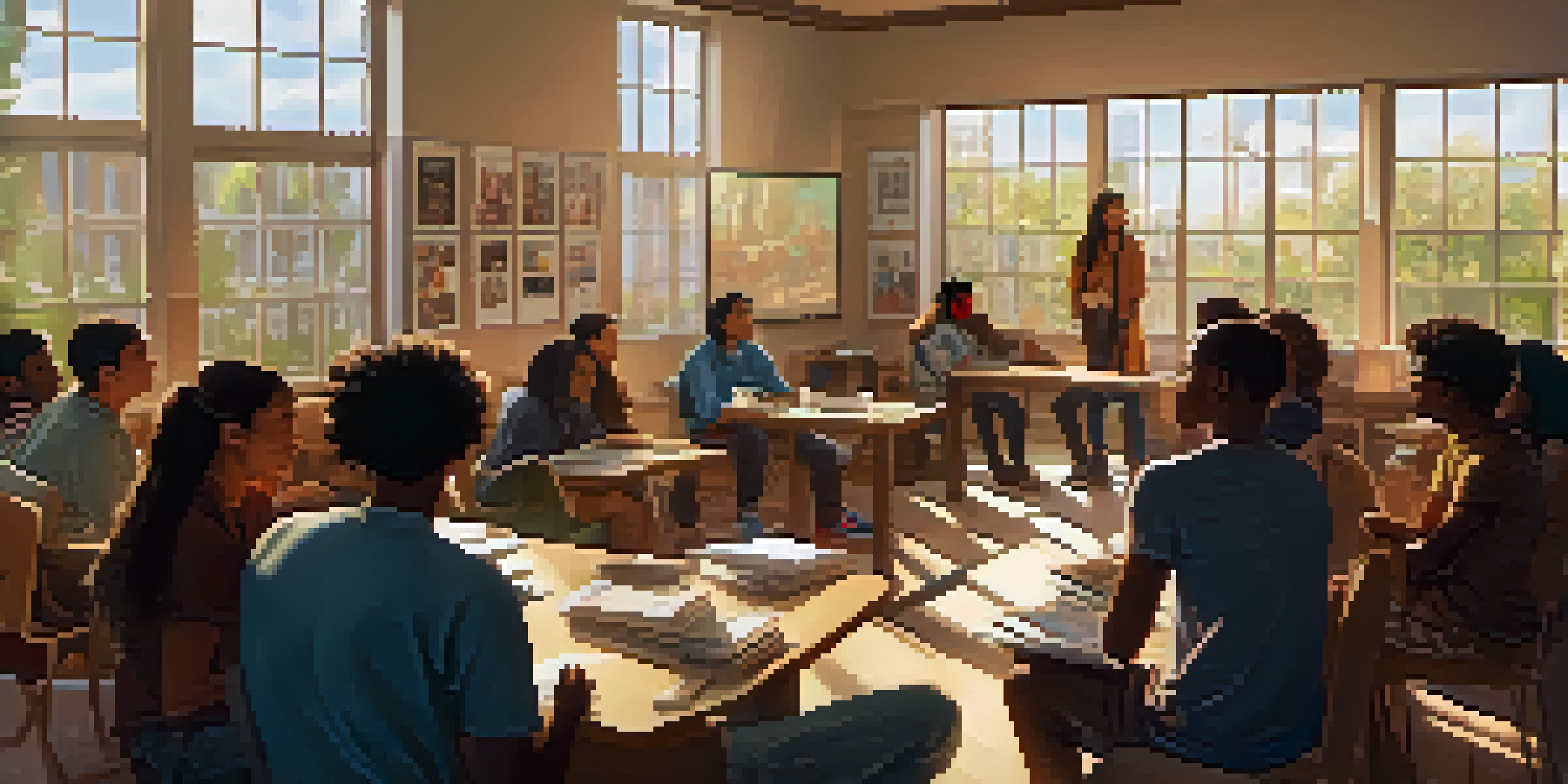 A diverse group of students in a classroom engaged in a lively discussion about films, with colorful posters on the walls and warm lighting.