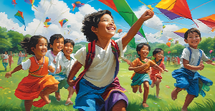 A colorful park scene with children from diverse cultures playing together, flying kites in a bright blue sky.
