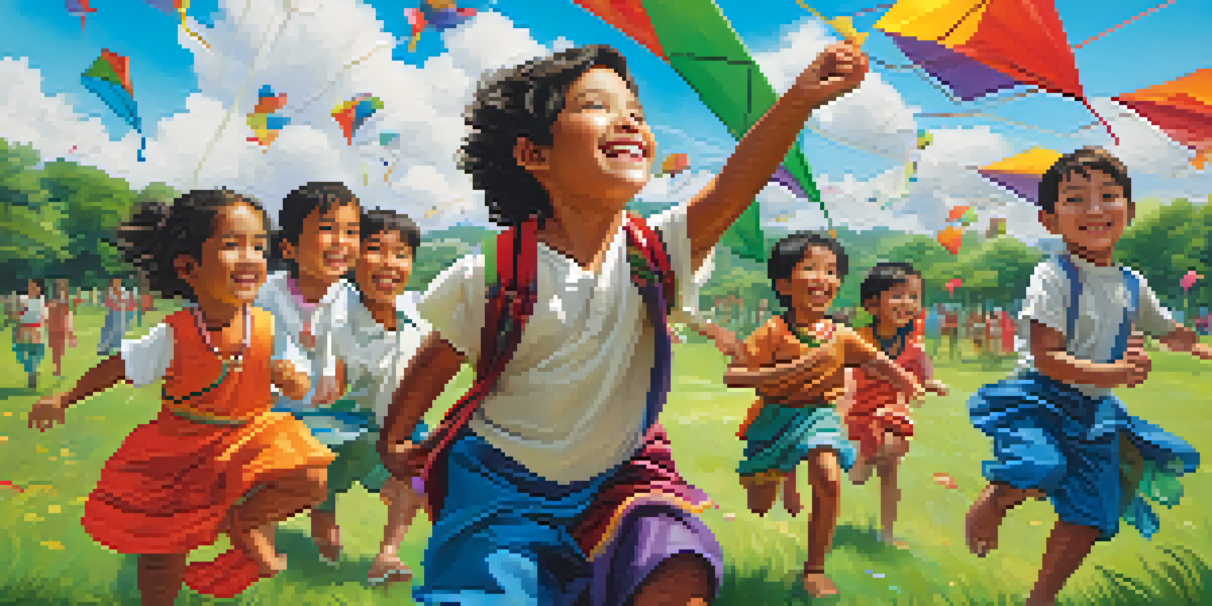 A colorful park scene with children from diverse cultures playing together, flying kites in a bright blue sky.