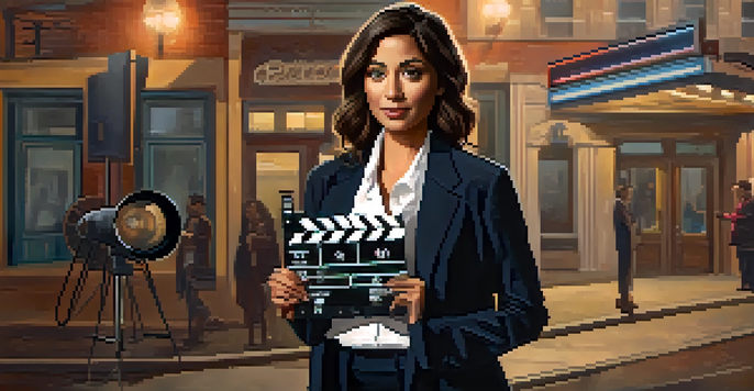 A female filmmaker on a movie set, holding a clapperboard with cameras and lights in the background.