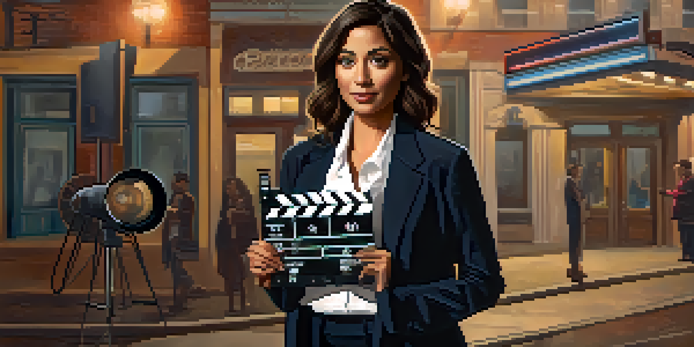 A female filmmaker on a movie set, holding a clapperboard with cameras and lights in the background.