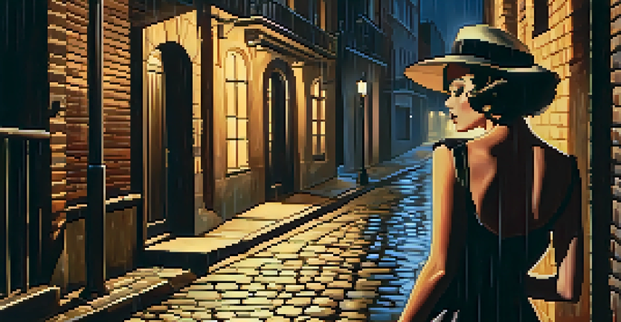 A mysterious woman in a vintage dress stands in a dimly lit alley, with rain-slicked cobblestones and shadows around her.