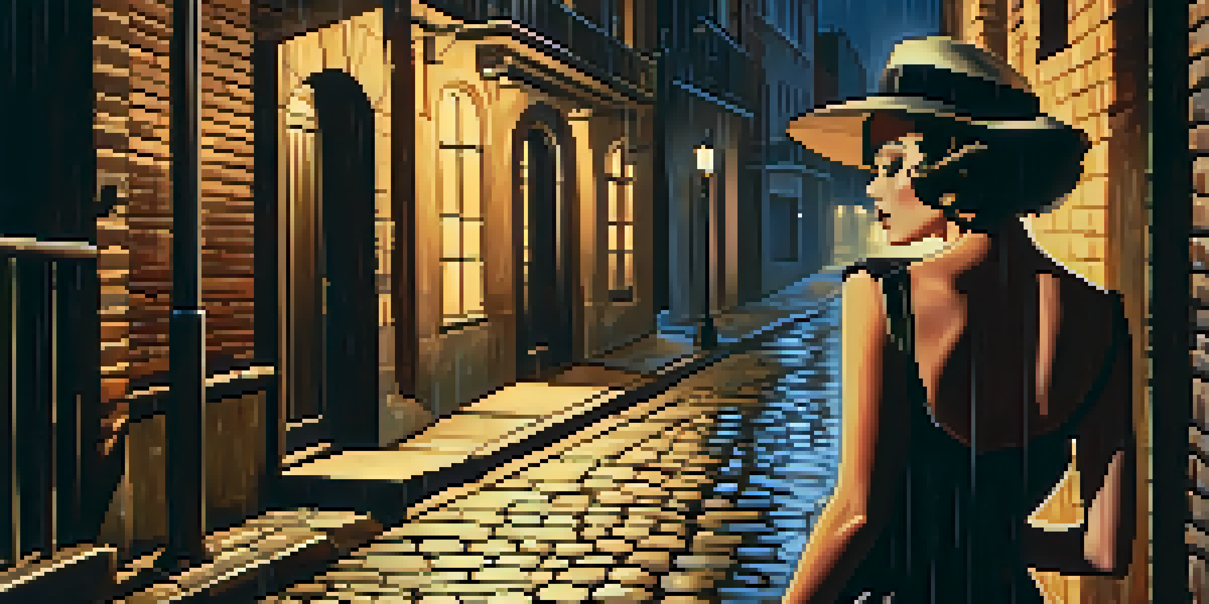 A mysterious woman in a vintage dress stands in a dimly lit alley, with rain-slicked cobblestones and shadows around her.