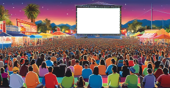 A group of people watching a movie trailer on a large screen at a film festival, with festive lights and food stalls visible in the background.