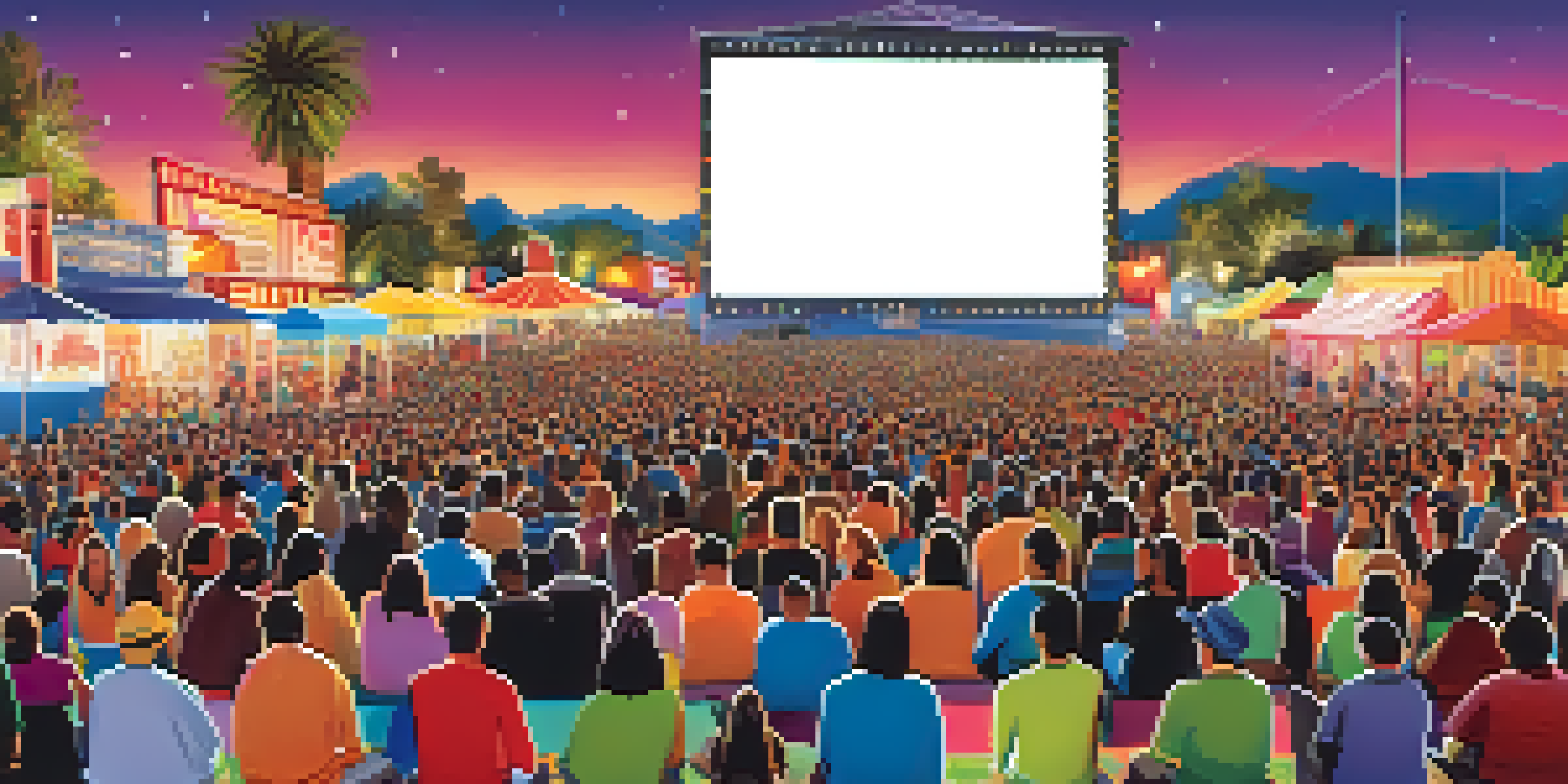 A group of people watching a movie trailer on a large screen at a film festival, with festive lights and food stalls visible in the background.