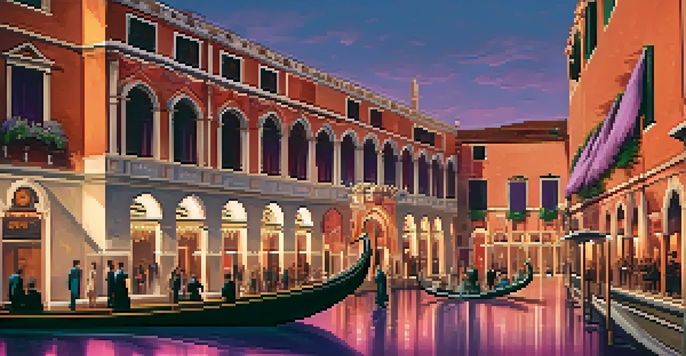 A colorful sunset view of the Venice Film Festival with a red carpet event in front of the Palazzo del Cinema and gondolas on the canal.