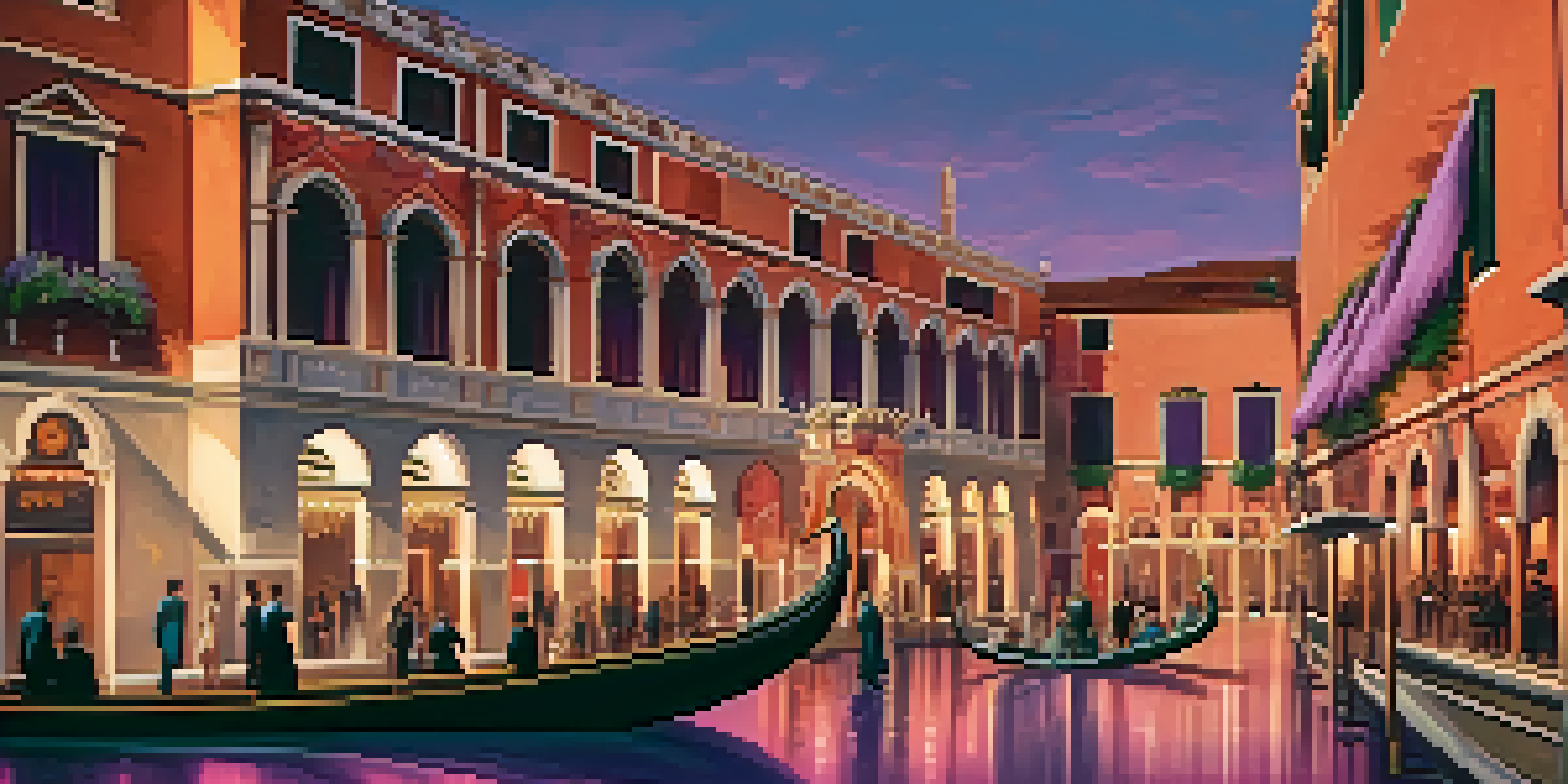 A colorful sunset view of the Venice Film Festival with a red carpet event in front of the Palazzo del Cinema and gondolas on the canal.