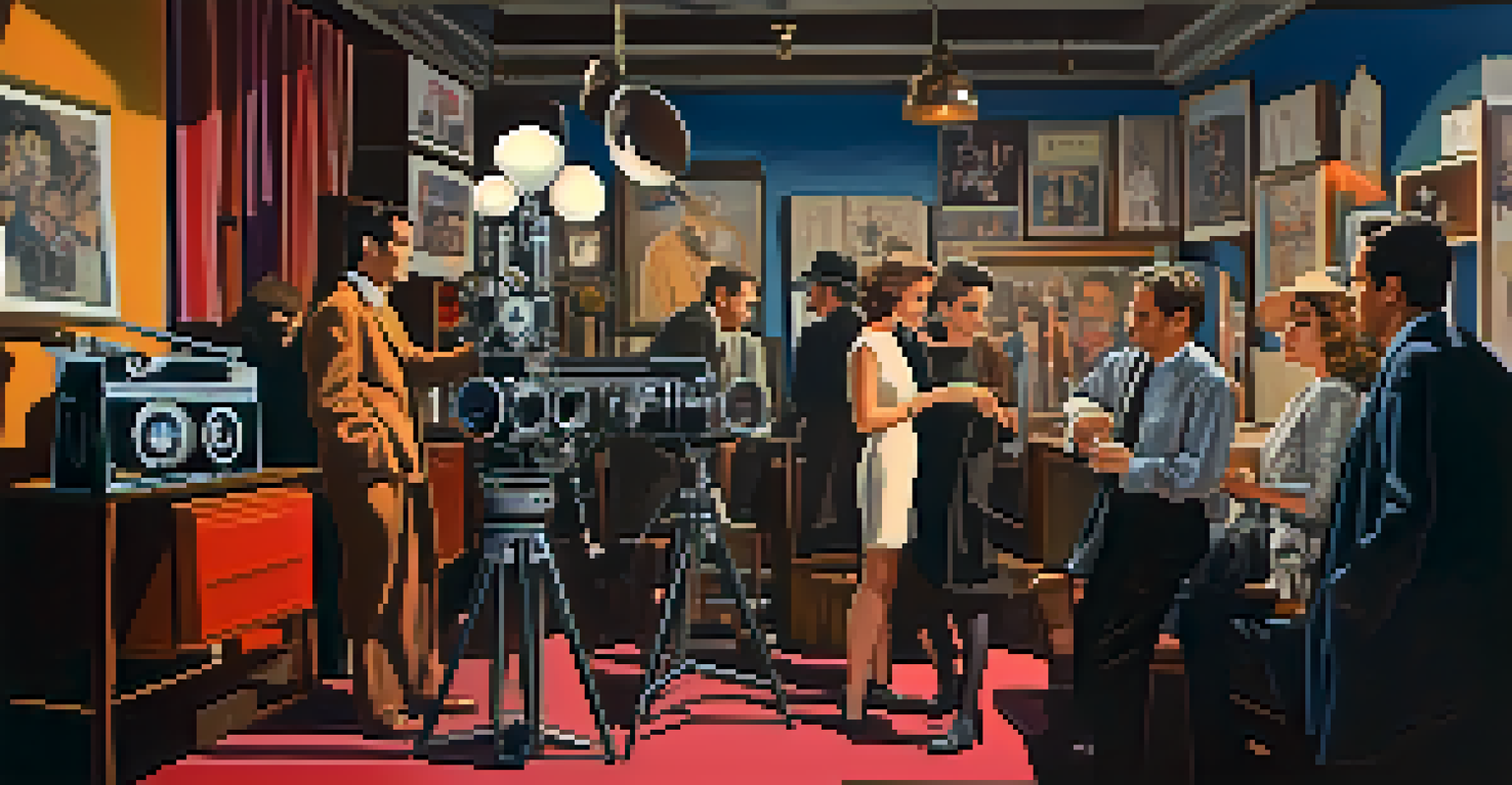 A director on a film set, engaging with actors and vintage film equipment, illuminated by soft natural light, with colorful movie posters in the background.