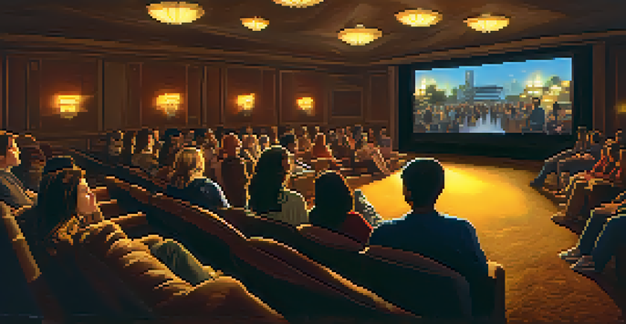 A cozy film screening room with diverse audience members watching a movie, displaying joy and intrigue.