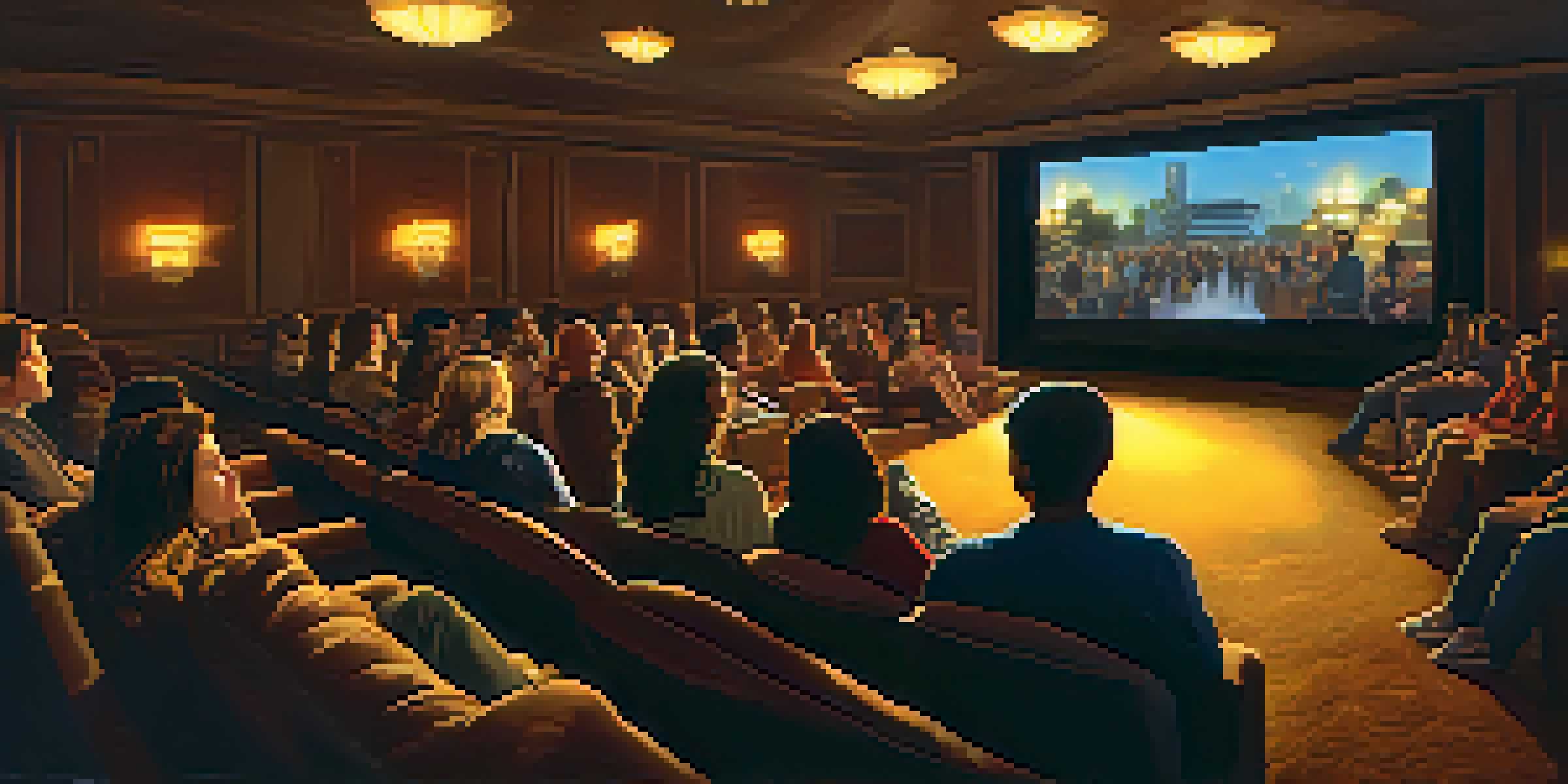 A cozy film screening room with diverse audience members watching a movie, displaying joy and intrigue.