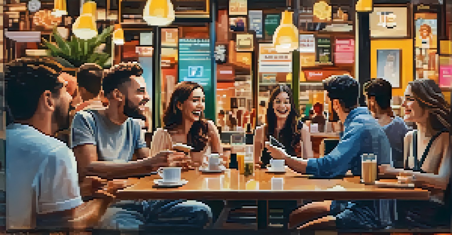 A smartphone displaying a social media feed with film hashtags and video reviews, set in a bustling café.