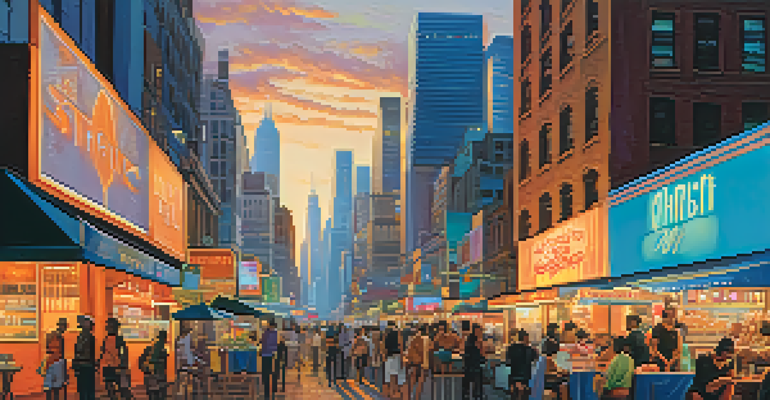 A lively urban street at sunset with skyscrapers, neon signs, and people.