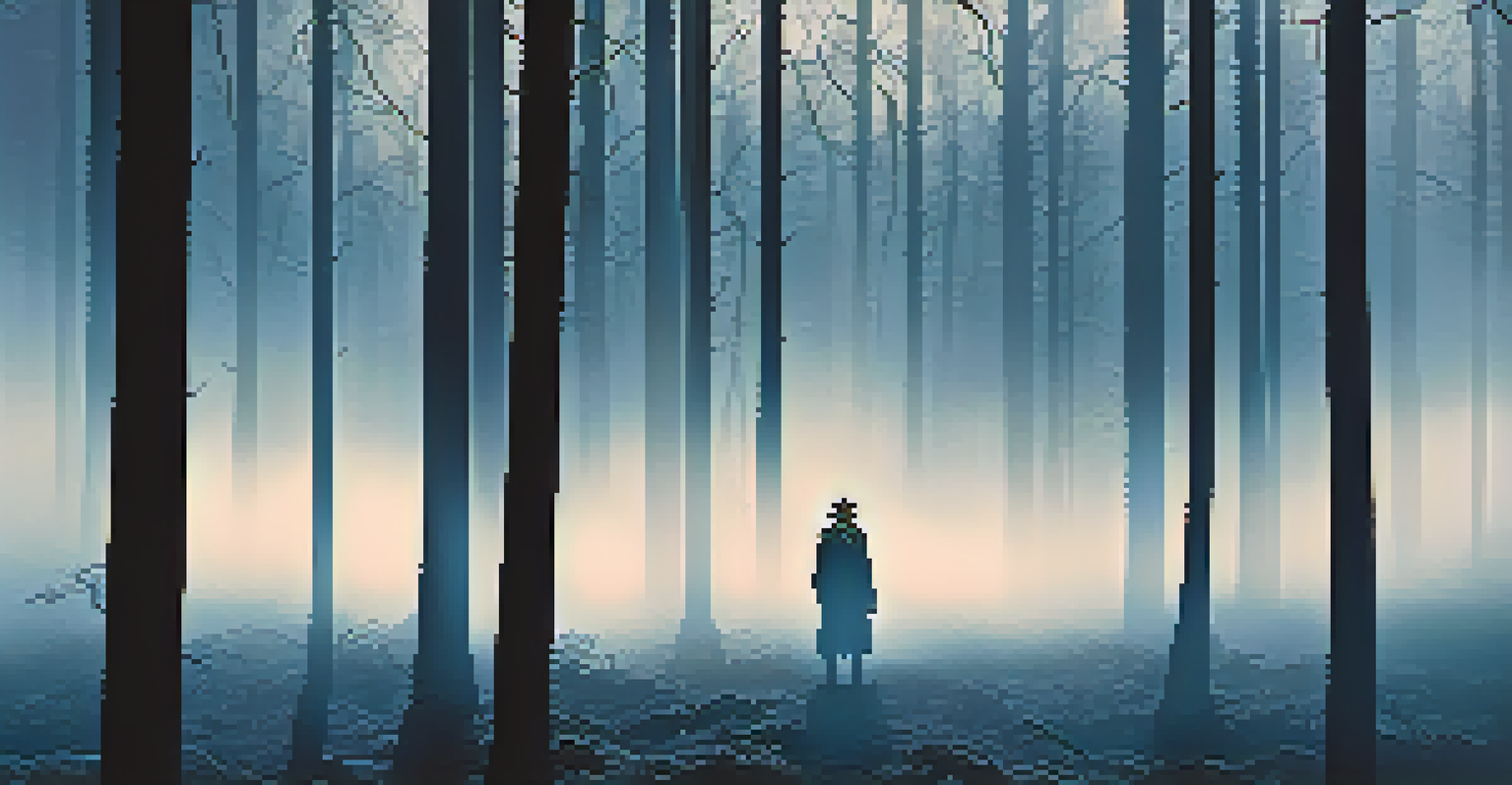 A suspenseful film poster showing a shadowy figure in a foggy forest, with dark colors and a gripping title at the top.