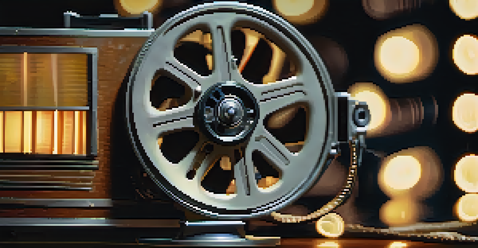 A vintage film reel and projector with film strips, highlighted by the warm glow of the projector light.