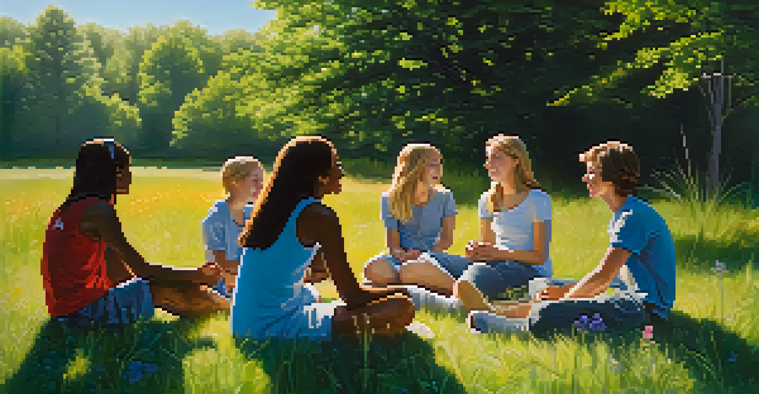 A diverse group of teenagers sitting in a circle on grass, talking and sharing moments under sunlight.