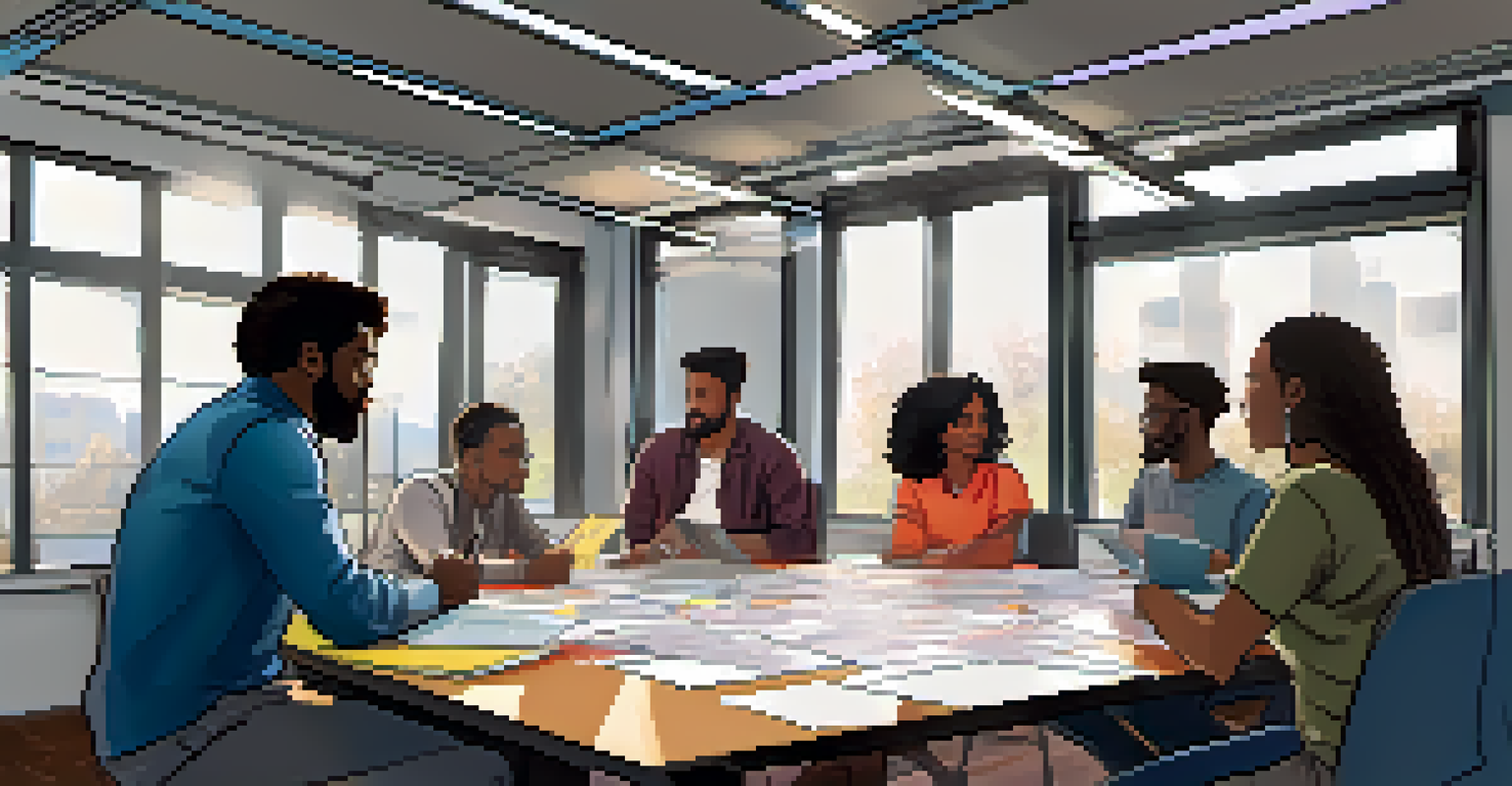 Diverse screenwriters brainstorming around a table, surrounded by storyboards and laptops.