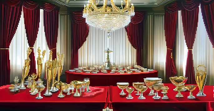 An elegant table setting for a film award ceremony with trophies and soft lighting.