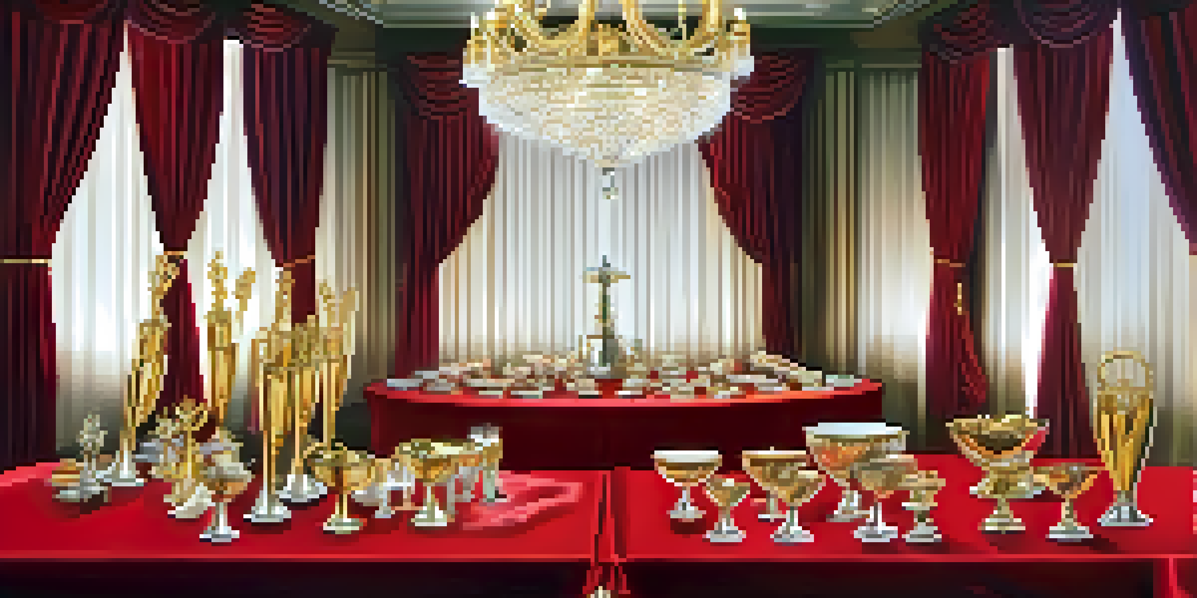 An elegant table setting for a film award ceremony with trophies and soft lighting.
