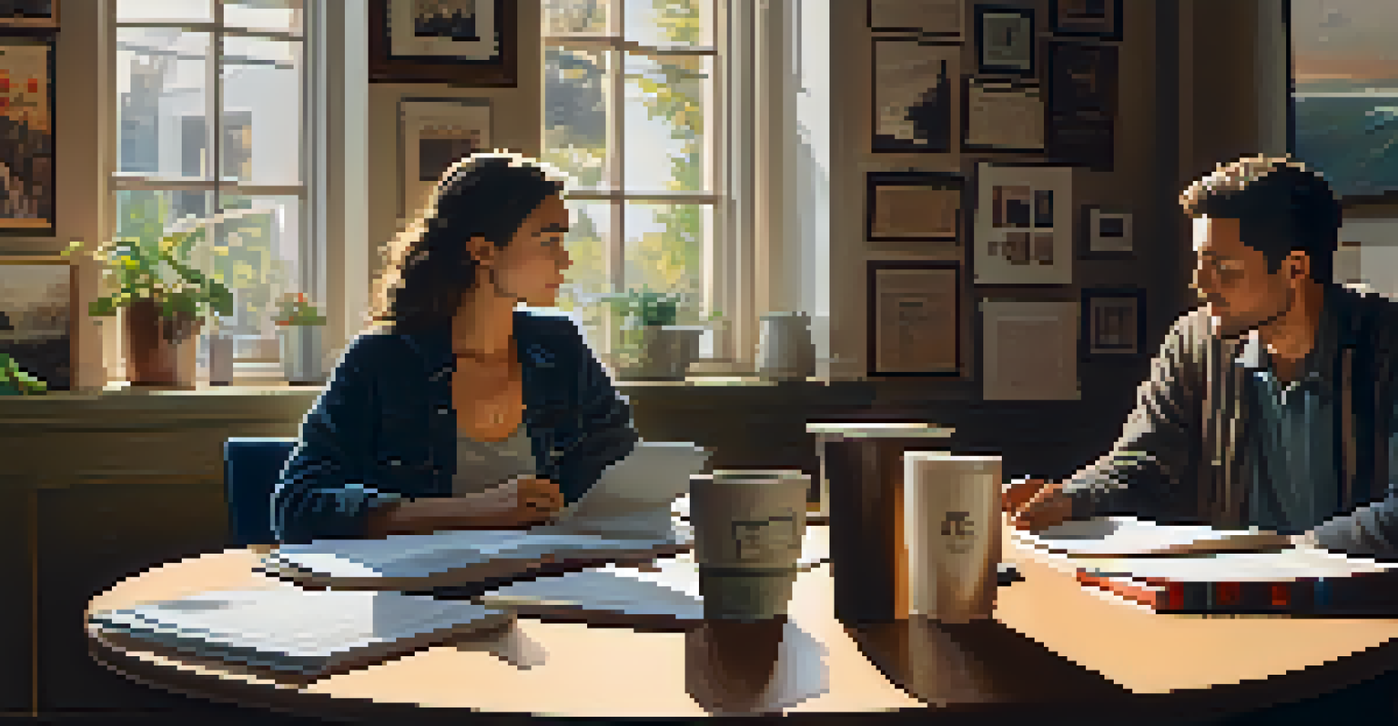 Filmmakers discussing interview strategies in a cozy indoor setting, surrounded by notebooks and coffee.