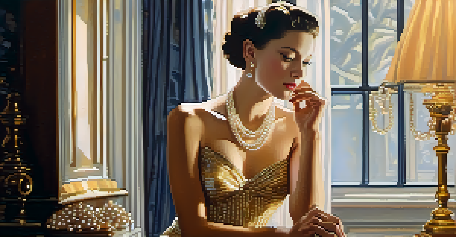 An elegant woman with pearls at a vintage vanity, illuminated by warm golden light.