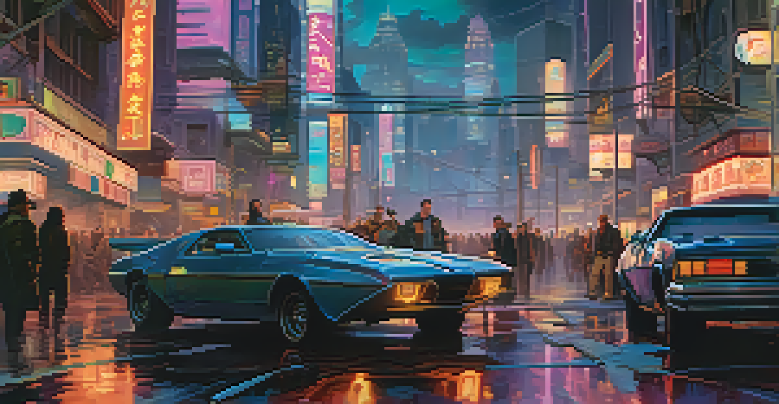 An action scene from a game-to-film adaptation set in a futuristic city at night with neon lights.