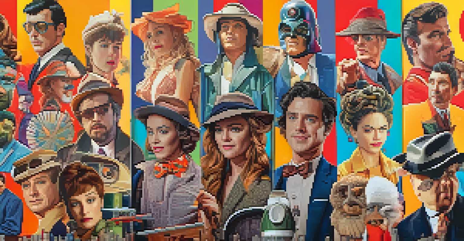 A colorful collage of iconic characters from cult classic films, displaying their unique styles and expressions against a vibrant background.