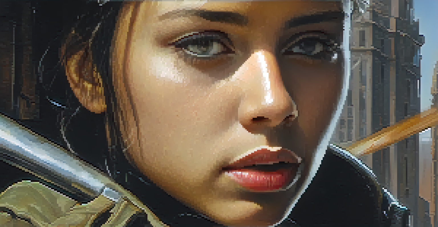 Close-up of a character's emotional face with tears, set against a blurred war-torn city.