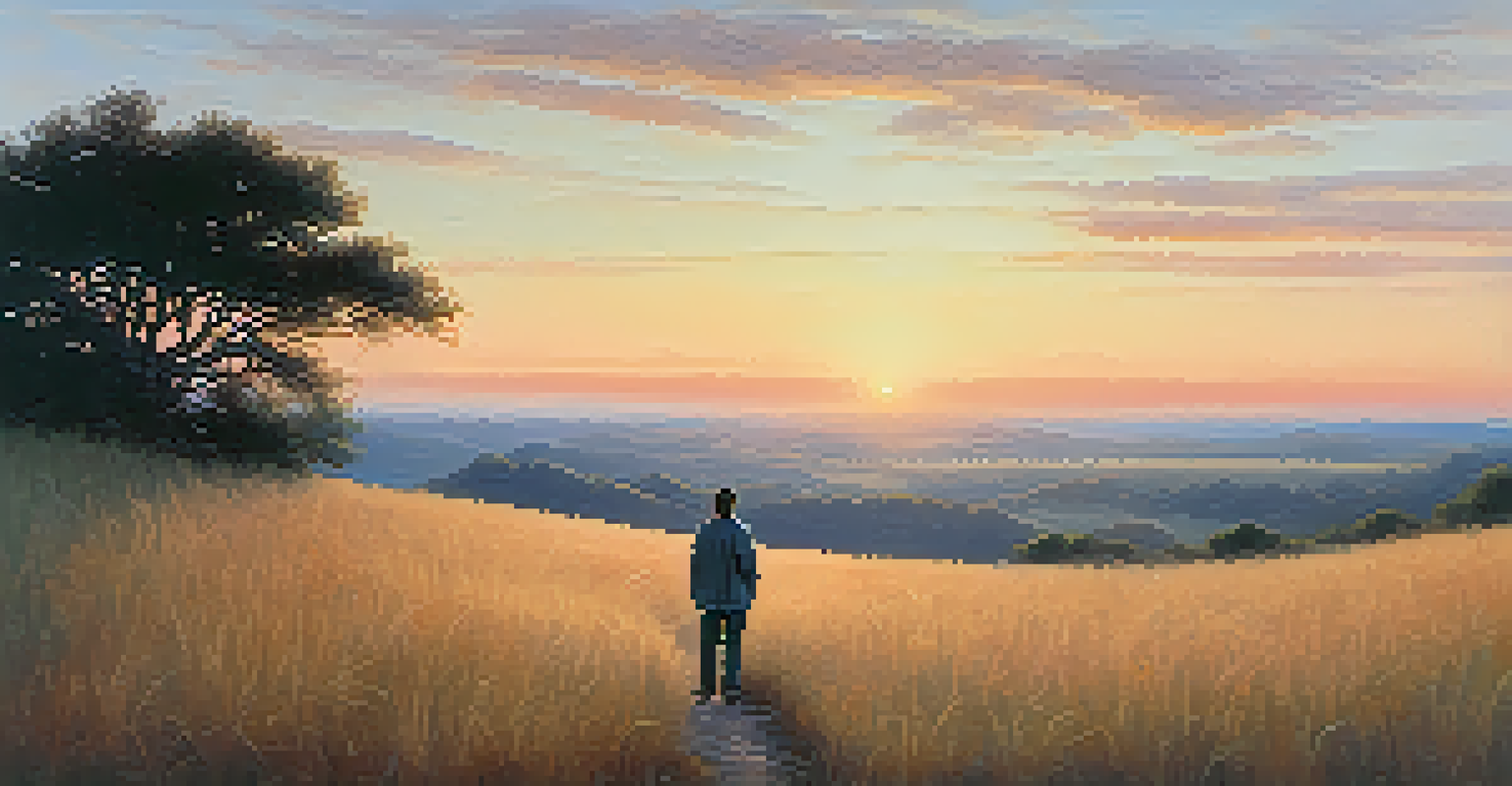 A figure standing on a hilltop at dawn, looking towards a colorful horizon, symbolizing hope and determination.