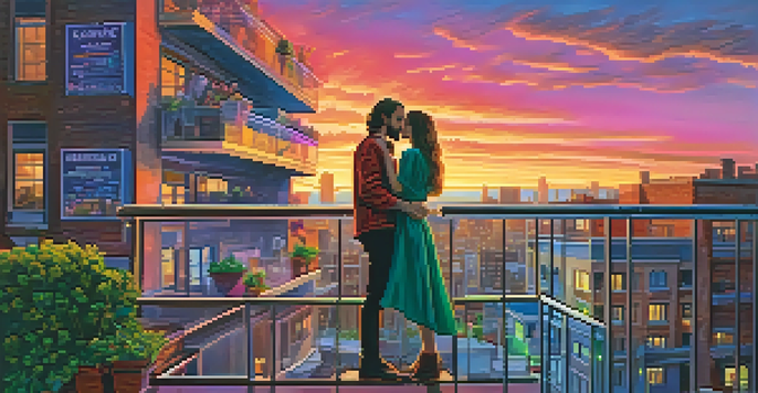 A modern urban scene inspired by 'Romeo and Juliet' with characters on balconies and a colorful sunset.