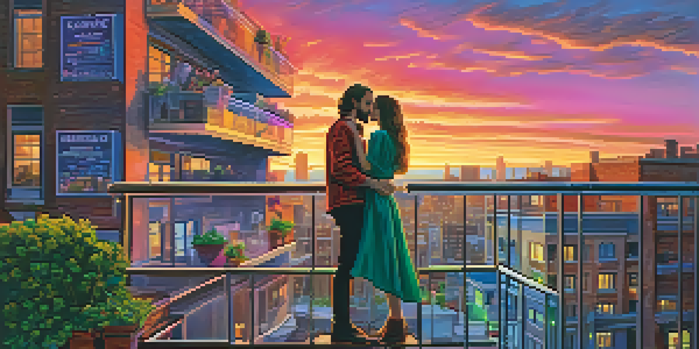 A modern urban scene inspired by 'Romeo and Juliet' with characters on balconies and a colorful sunset.