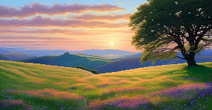 A peaceful green meadow at sunset with colorful wildflowers and a lone tree, under a sky of orange and pink hues.