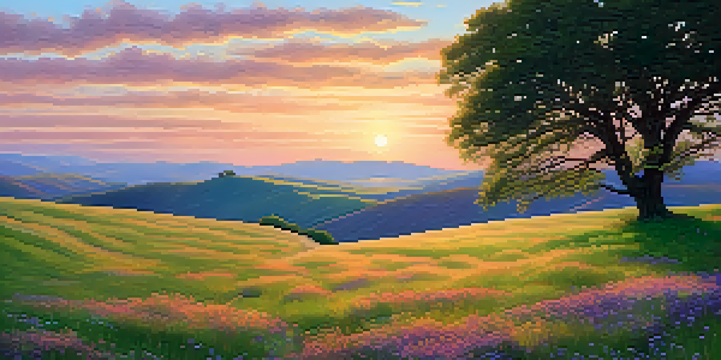 A peaceful green meadow at sunset with colorful wildflowers and a lone tree, under a sky of orange and pink hues.